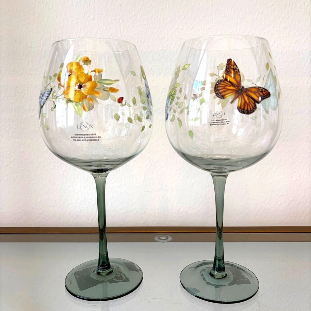 Lenox Butterfly Meadow Wine Glass Set of 2 Spring Floral Barware NEW
